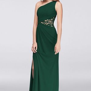 Juniper one shoulder mesh gown with lace inset
